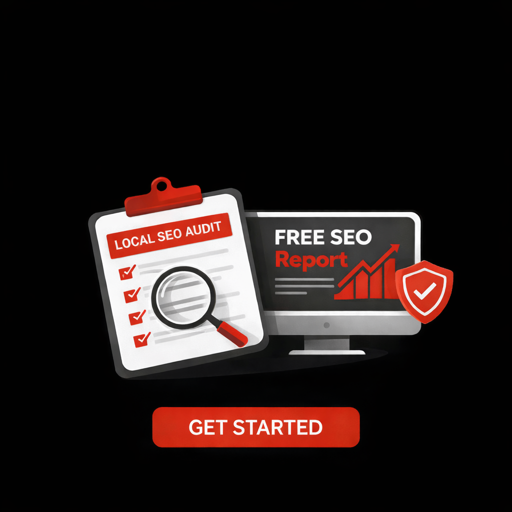 GoalActivist free local SEO audit report showing local SEO checklist, magnifying glass, and SEO growth chart to improve Google Maps rankings and local search visibility